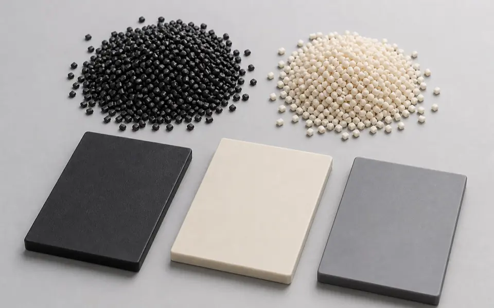 ABS and PC-ABS engineering plastic pellets and molded material plaques