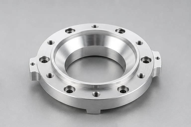 CNC machined aluminum compression driver adapter ring with acoustic bore