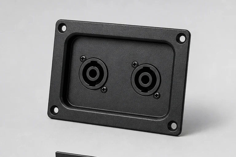 Blank powder-coated connector plate for a passive professional loudspeaker