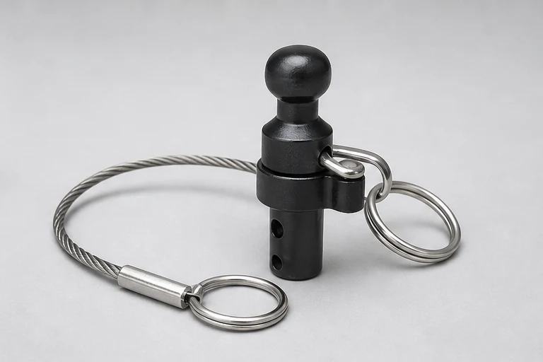Ball-lock quick-release pin with stainless steel tether for speaker rigging