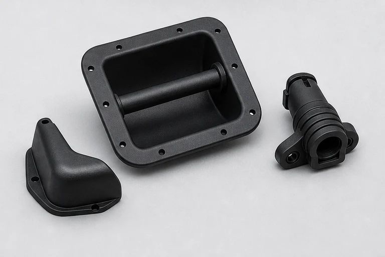 Molded recessed speaker handle, protective corner, and cable strain relief