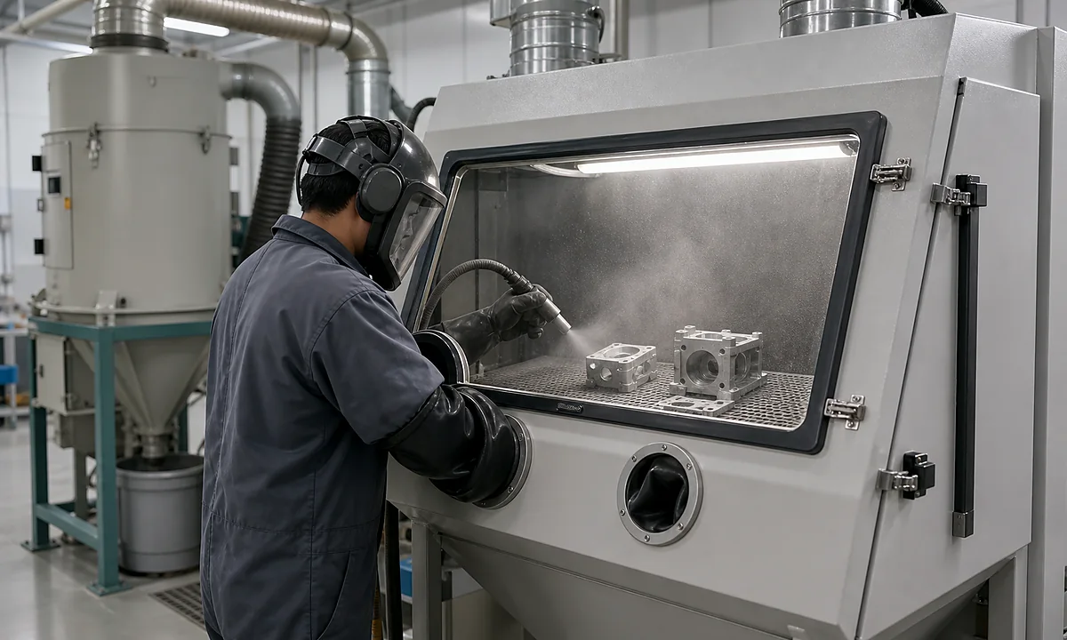 Bead blasting cabinet process with operator finishing aluminum parts