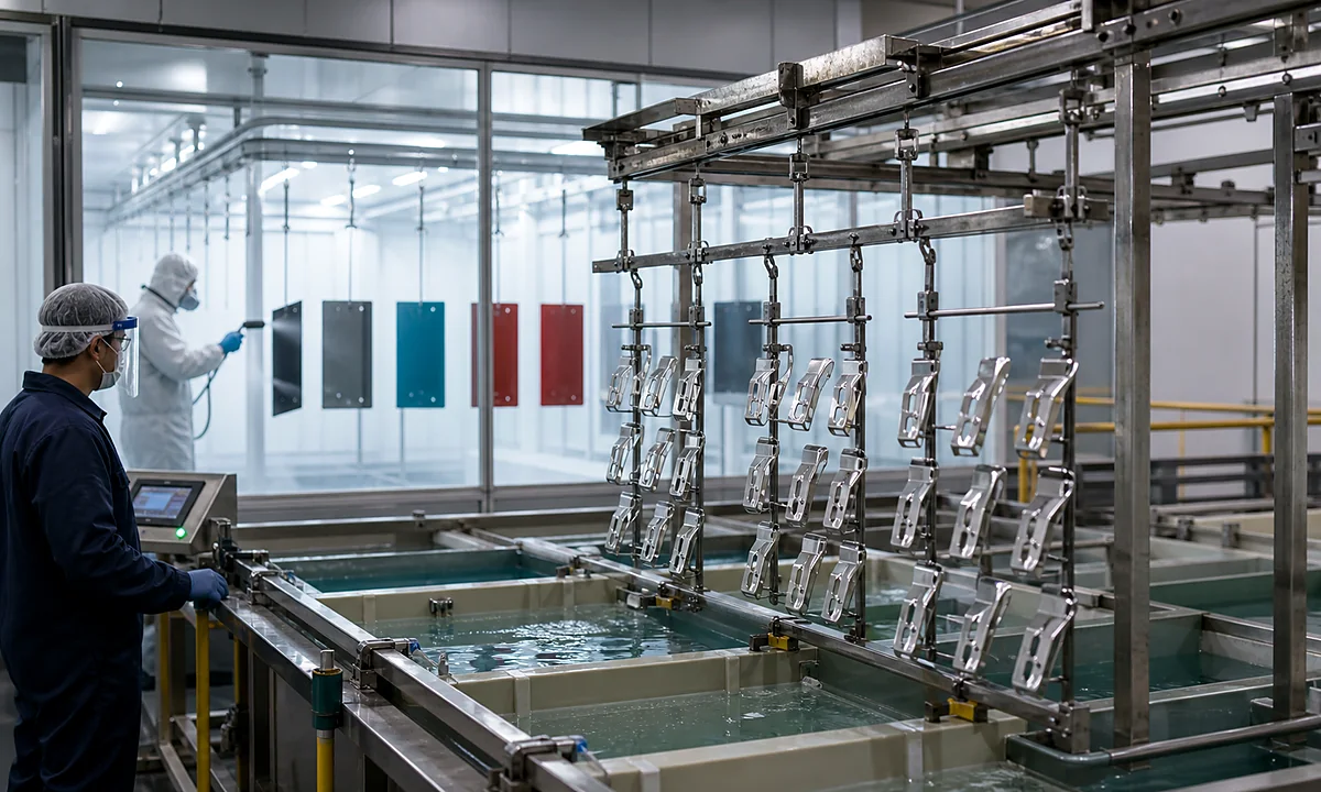 Surface treatment production line with plating tanks and coated metal parts